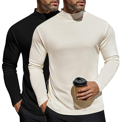 Ekouaer 2pcs Maglia Termiche da Uomo Invernale Biancheria Intimo Termica a Maniche Lunghe a Collo Alto Nero+Bianco M