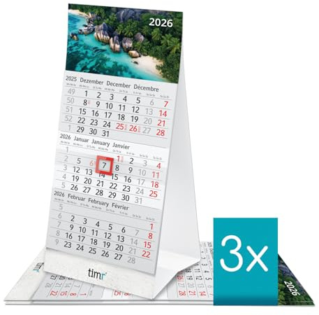 Timr skrivbordskalender 2026 liten att ställa upp - 3-månaderskalender med skjutreglage - kalender för skrivbord och kontor - motiv Karibien - 3 stycken I tr374
