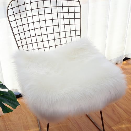 OKAYDA 2-Pack 18 Square Faux Sheepskin Chair Covers - Plush & Non-Slip Back Seat Cushion Pad for Dining, Office, Vanity Chairs, Fluffy Soft Faux Fur Rug for Living Bedroom(White)