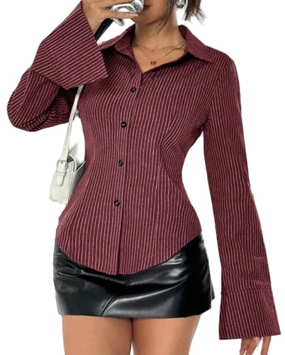 YILEEGOO Women's Basic Button Down Shirts Long Sleeve Lapel Collar Tight Blouse Tie Up Back Slim Fit Y2k Tops Office Shirts (Z5-Claret, S)