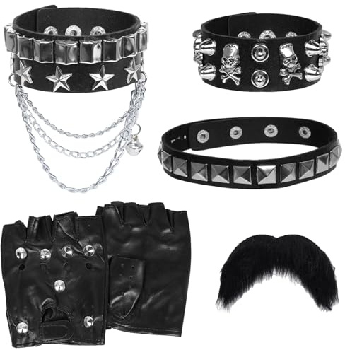Lot de 6 accessoires punk - Bracelet clouté en cuir noir - Gants réglables - Collier et barbe - Noir - Tenue gothique pour carnaval