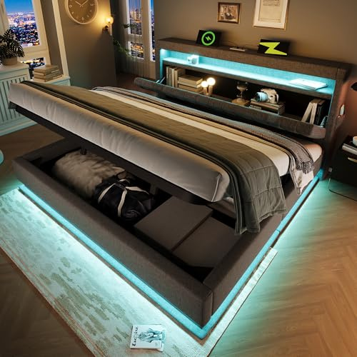 Upholstered Bed Frame with Hydraulic Lift & LED Concealed Storage Headboard, 5ft King Size Bed Frame with LED Lighting & USB Type-C Charging, Grey Linen Functional Ottoman Storage Beds with Slats