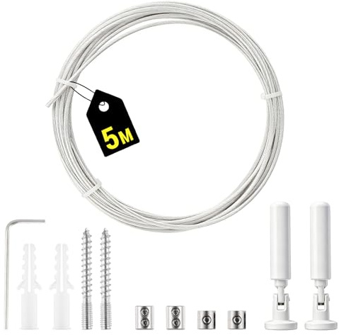 Kit de fil à rideau en acier inoxydable - 5 m - Support mural - Corde de serrage en acier inoxydable - Pour fil photo, corde à linge, fenêtre, rideau de tension (blanc)