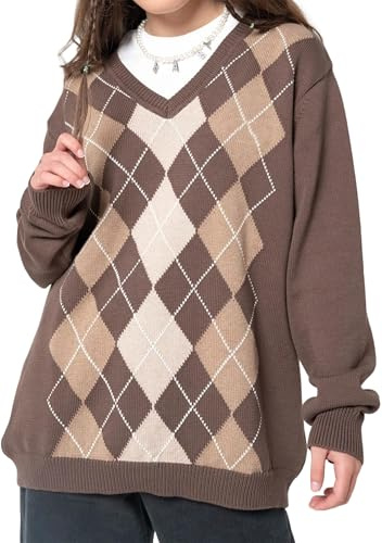 YMING Femmes Pull Oversize Y2k Blouse Douce Tricotée Motif À Carreaux Argyle Pull Style Preppy Brun M