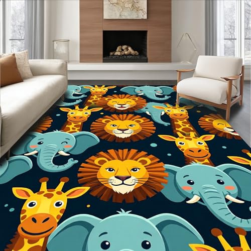 Design&I Low Pile Flatwoven Area Rug 8x10, Whimsical Cartoon Animal Faces Door Jumper with Bouncing, Machine Washable, Stain Resistant Indoor Rug for Living Room, Bedroom, Non Slip(Blue, 8x10)