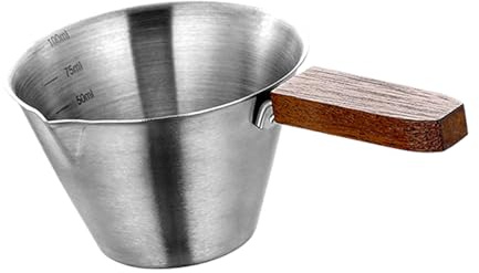 Tsophreniq Misuratore di liquidi accurato in acciaio antiruggine e coppa in vero legno, ideale per baristi e mixologi, misurino espresso