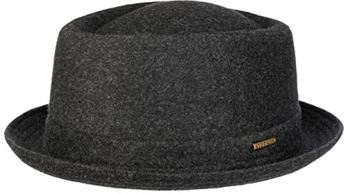 Stetson Wool Pork Pie Hut Herren Damen Made in Italy Fedora mit Schurwolle Baumwollfutter Krempe Herbst Winter anthrazit 57 cm