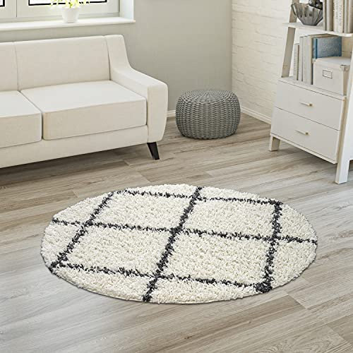 Paco Home Hochflor Teppich Wohnzimmer Schlafzimmer Shaggy Skandinavisch Rautenmuster, Grösse:160 cm Rund, Farbe:Creme