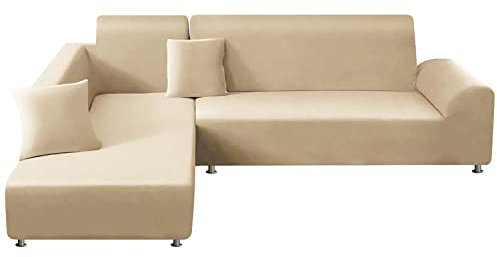 ShowyLive Sofa Überzug Couch Überzug 2er Set für Ecksofa L-Form Sofabezug 3 Sitzer+3 Sitzer, mit 2 Stück Kissenbezug, Beige