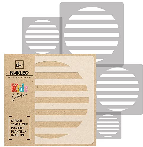 NAKLEO Stencil di Pittura per Bambini, Set di 5 Pezzi da 9x9 a 34x34cm Cerchio Righe Mezzone, Modelli Plastica e Riutilizzabili di Stanza Decorazione, Sagome DIY Fai-da-te, Mobili Muro Legno