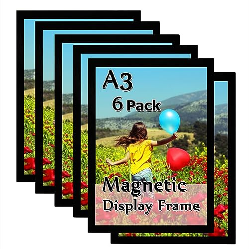 Gocoffun A3 Magnetic Sign Holder, 6 Pack Self-Adhesive Display Frame for Home, School, Store, Notice, Picture Display (Black)