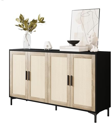 JASIWAY Buffet Cabinet with Storage, 48 Rattan Sideboard with Adjustable Shelves, Modern Coffee Bar Cabinet Console Table with Doors, Credenza for Kitchen, Living Room, Entryway, Dining Room, Black