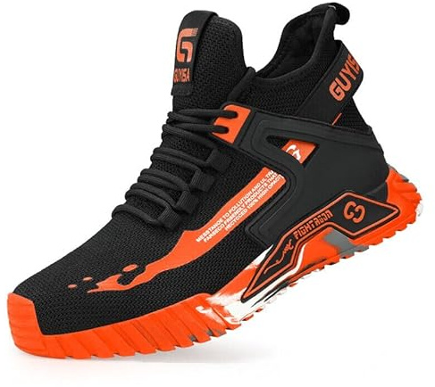 Mens Safety Shoes Boots Steel Toe Cap Work Trainers Sneakers Lightweight Slip Resistant Water Resistant Breathable Protective Trainers (8 UK) Black Orange