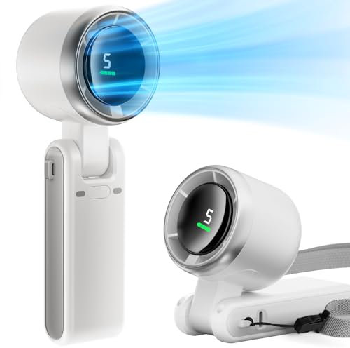 Pymoji Ventilatore portatile pieghevole, portatile, con forte vento, ricaricabile, 10000 mAh, mini ventilatore turbo, display digitale, 5 velocità regolabile, piccolo ventilatore tascabile personale,