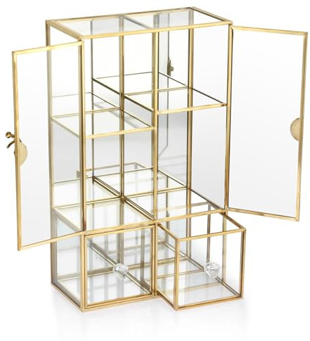 SUMTree Aufbewahrungsbox Schmuck Organizer Glas Schmuckkasten Schmuck Aufbewahrung Vitrine Goldene Schmuckbox Schminktisch Schmuckkästchen Schlafzimmer Schmuckholder Schmuckschatulle für Kosmetik