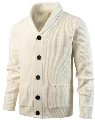 KTWOLEN Maglione Cardigan da Uomo con Collo a Scialle Invernale Maglione Felpa di Cotone Giacca in Maglia a Manica Lunga Cardigans con Bottoni e Tasche, Beige, XXL
