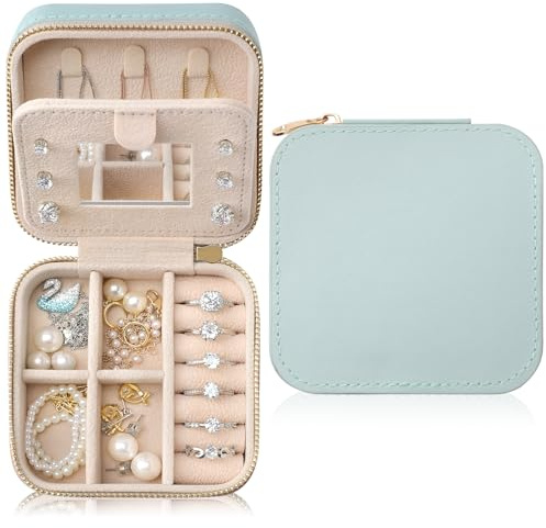 NGVRC Genuine Leather Travel Jewelry Case Organizer with Mirror for Women, Small Jewelry Box Portable Mini Jewelry Case for Earring, Ring, Necklace, Bracelet Cyan
