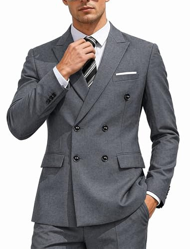 COOFANDY Men's 2 Piece Double Breasted Suits Slim Fit Tuxedo Jacket and Dress Pants Set for Wedding Business Prom Heather Grey