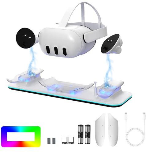Base de carga para auriculares y controladores Meta Quest 3 VR, estación de carga rápida magnética compatible con Meta Quest 3 con luz LED RGB, 2 baterías recargables