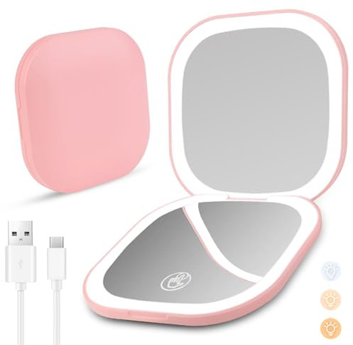 Yomaido Magnifying Compact Mirror with Light, Travel Makeup Mirror USB Rechargeable 1X/3X with 24LEDs Dimmable, Portable Folding Mirror for Handbag Pocket, Present for Women Travel Essentials - Pink