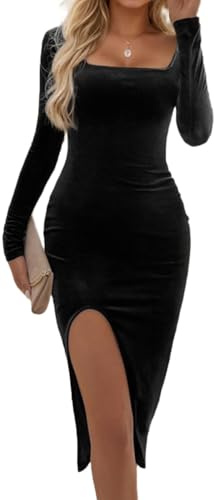 EMOTTOS Femmes Floquée Robe Midi, Elegant Robe Décontractée à Col en U et Bas Fendu, Robes Enveloppantes Slim Fit pour Anniversaire Mariage Soirée Club, Noir, M