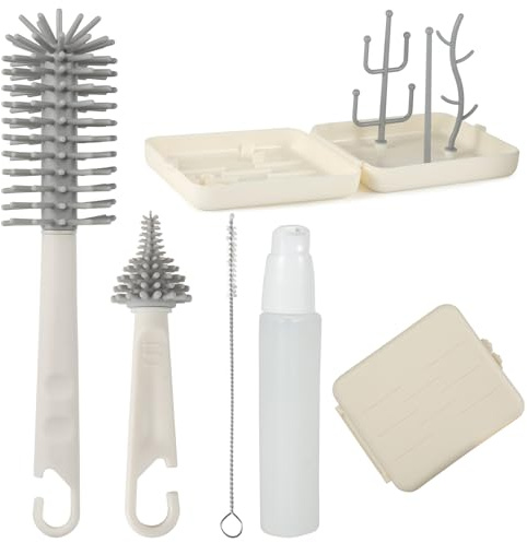 FHISKUNYU Bärbar flaskborste – set 7-i-1 med förvaringslåda, flaskborste, 3D-bröstvårtsborste, sugrörsborste, tvättflaska, rengöringsflaska – komplett kit för