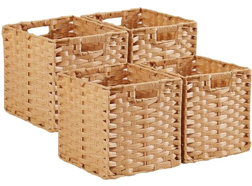 Mangata Cubos de almacenamiento de 31 x 31 cm, cestas de almacenamiento de ratán sintético, organizador decorativo para armario, impermeable, no mohoso (Caqui, paquete de 4)
