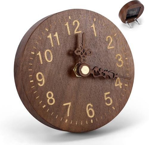 OurLeeme Sveglia rotonda in legno, silenziosa, senza ticchettio, orologio da tavolo analogico per mensola, caminetto, comodino o ufficio, elegante orologio decorativo marrone scuro per soggiorno