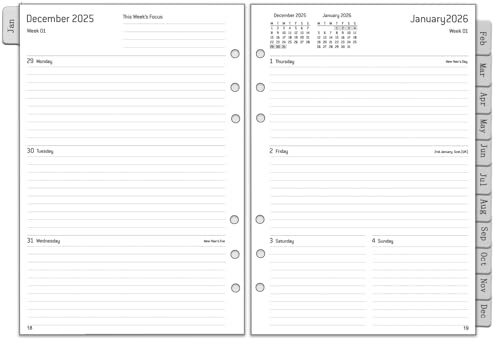 Recharge pour Agenda Semainier 2026 Format A5 6 Anneaux, 1 Semaine sur 2 Pages Organiseur avec Onglets Mensuel, Mots de Passe, Note, Contact, Jan.26 à Déc.26, Planificateur Hebdomadaire