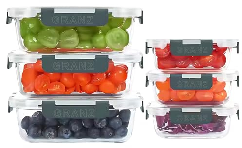 GRANZ Glass Food Storage Containers, BPA-Free Food Storage Containers, Airtight Snap Lock lid, Leak Proof Meal Prep Boxes, Stackable, Eco-Friendly, Reusable, Microwave & Dishwasher (3 M 3 L)