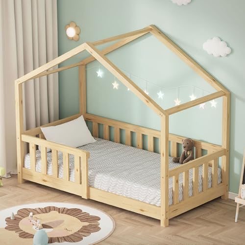 ML-Design Barnsäng hussäng 70x140 cm naturfärgad Montessori golvsäng i massiv furu med tak ribbotten och fallskydd juniorsäng sängram för barn inspirerad av Montessori trygg leksäng barnsäng