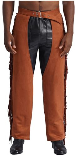 Yhong Mens Faux Suede Fringed Chaps Cowboy Cosplay Costume Adjustable Waistband Hollow Out Pants Brown XL
