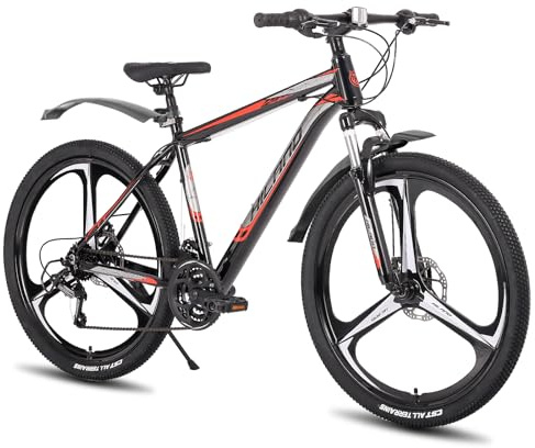 Hiland Mountainbike för vuxna 26 tum, skivbromsar fram och bak, hjul 3 blad, 21 hastigheter, lätt aluminiumram, upphängningsgaffel, svart och röd