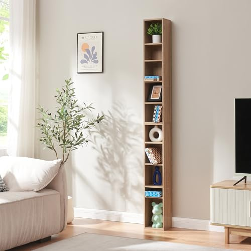 [en.casa] Estantería para CDs Tynset Soporte para DVDs Recuerdos Librería con 10 Compartimentos Estantes Ajustables en Altura Aglomerado 187 x 20 x 17 cm - Efecto Roble Sonoma