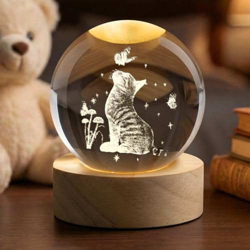 AOOTE Sfera di Cristallo 3D, 60mm da Sfera di Cristallo con Animali, con Base in Legno, Sfera di Cristallo da Gatto, Inciso in 3D Luce Notturna, per Ufficio, Camera da Letto, Casa Decorazione, Regalo