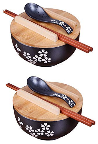 zaqiming 2PCS Japanische Küche Geschirr koreanische Vintage Schüssel japanischen Stil schwarz Keramik Instant Nudel Schüssel Stäbchen mit Deckel und Löffel Küche liefert