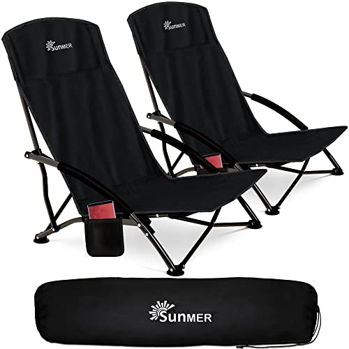 SUNMER Set of 2 Folding Beach Chairs – Foldable Camping Chair with Side Pocket & Carry Bag - 120kg Heavy Duty Capacity, 2.8kg Lightweight Portable Design - Professional Outdoor Seating - Black