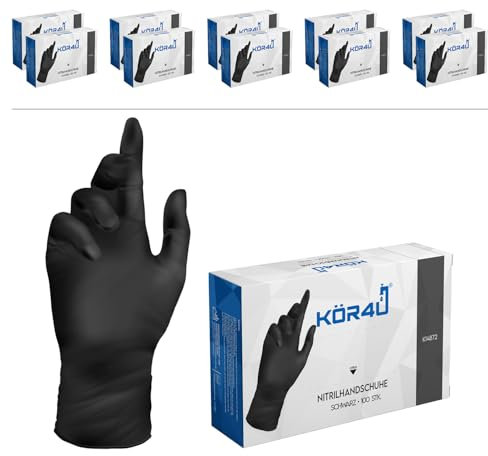 kör4u Nitrilhandschuhe, 1000 Stück, puderfrei, latexfrei, Einweghandschuhe, Einmalhandschuhe, Lebensmittelhandschuhe (Schwarz, L)