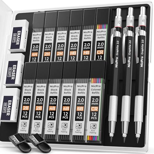 Nicpro 2mm metall mekanisk pennuppsättning med fodral, 3-delad pennhållare 2,0 mm med 144 pennled (4H 2H HB 2B 4B 6B färg) suddgummi pennvässare för ritning, skrivning, skissering