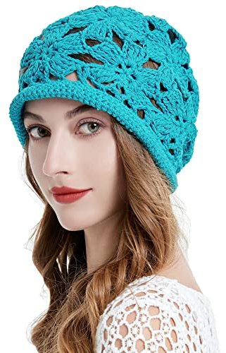 ZLYC Damer sommar stickade mössor handgjord virkad mössa slouch beanie mössa, virkad påfågel blå, En Storlek
