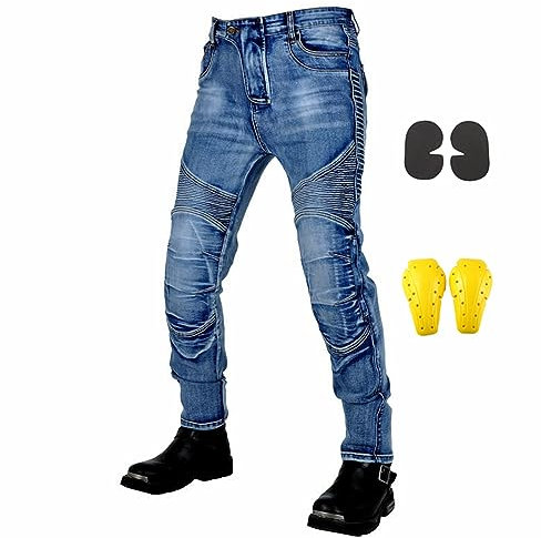 Gebin Pantaloni Moto Uomo, Jeans Moto Uomo con Fibra Aramidica, Resistenti all'Usura con 2 Paia di Protezioni su Fianchi e Ginocchia, Cuscinetti Rimovibili (Blu,M)