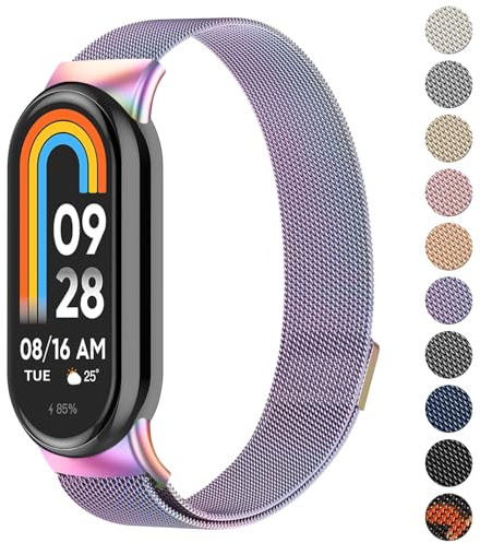 Oumida för Xiaomi Mi Smart Band 8 armband män kvinnor, metallarmband rostfritt stål nät klockarmband magnetiskt justerbart sport ersättningsarmband för Xiaomi Mi Band 8 ersättningsband, färgglada