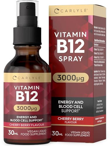 Vitamin B12 Spray 3000ug | 30 mL | Cherry Berry Flavour | High Strength Daily Oral Spray | Vegan Liquid Food Supplement | by Carlyle