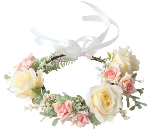 Geoyien Blumenkranz Haare, Blumenhaarkranz, Verstellbares Blumenkranz-Stirnband, Krone, Blumengirlande, Blumenkrone, Rosenblüten-Stirnband, Hochzeit, Boho-Blume mit Band für Frauen und Mädchen,1 Stück
