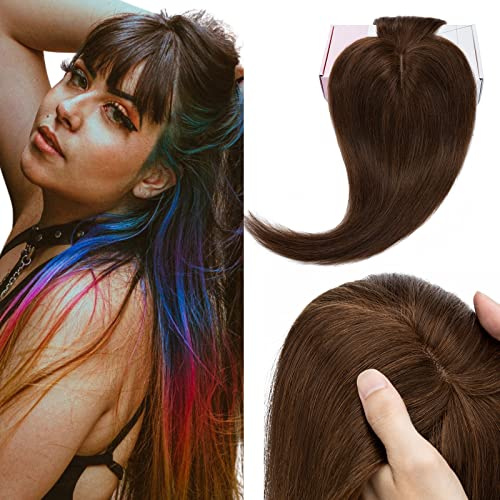 Elailite Volumateur Capillaire Femme Naturel Avec Frange Toupet Cheveux Humain - Extension a Clip Cheveux Naturel - Base en Soie (#04 CHATAIN, 25 cm)