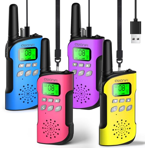 Talkie Walkie Enfants Longue Portée 4 Pièces, Talkie-Walkie Adultes Rechargeable USB-C, Walkie Talkie Lampe Torche 8 Canaux pour Camping, Randonneé, Vélo, Cadeau Jouet pour 3-12 Ans Garçon et Fille