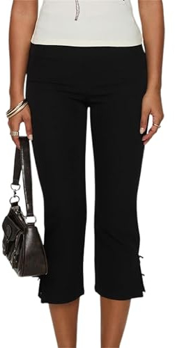 Felcia Pantalon Capri pour Femme Couleur Unie Décor Papillon Été Extensible Décontracté Legging Court, a-noir, M