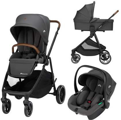 Bebeconfort Luvia Trio, Barnvagn med resesystem 3-i-1, 0-4 år (0-22 kg), barnvagn, babyskydd, liggdel, smart hopfällning, justerbar bygel, stötdämpning på hjulen, Mineral Graphite