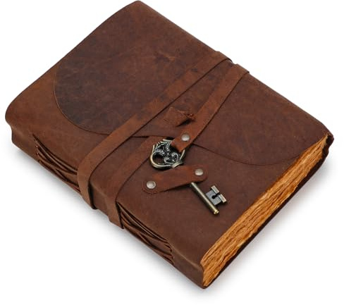 Fausta Vintage Leather Journal with Key for Men & Women, 240 Pages, 8x 6, Handmade Writing Notebook | Deckle Edge Cotton Paper 150 GSM | Cinnamon Brown Travel Diary, Sketchbook | Unique Gift Idea