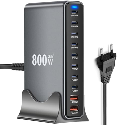 800W GaN3 USB C-laddare flerspakig – 8×USB-C-portar (140W/100W/65W) och 2×USB-A-portar (30W QC) – Kompakt multienhetsladdare, kompatibel med bärbara datorer, iPhone 15/16, Galaxy, PS5 för resor